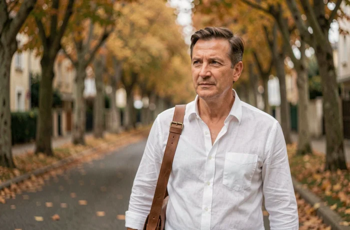 Personnalité politique française se promenant dans une rue résidentielle paisible en automne, vie quotidienne dévoilée