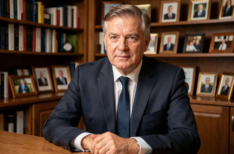 Portrait de Laurent Jacobelli dans son bureau personnel entouré de livres et de photos de famille