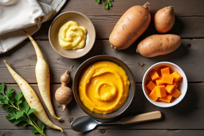 Sélection de légumes alternatifs au potimarron pour réaliser une purée savoureuse : panais, navet, patate douce et courge butternut