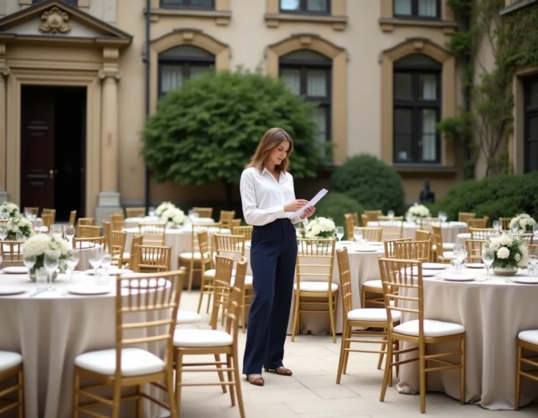 Mise en place de mobilier de réception élégant sur une terrasse lyonnaise avec tables rondes et chaises Chiavari dorées