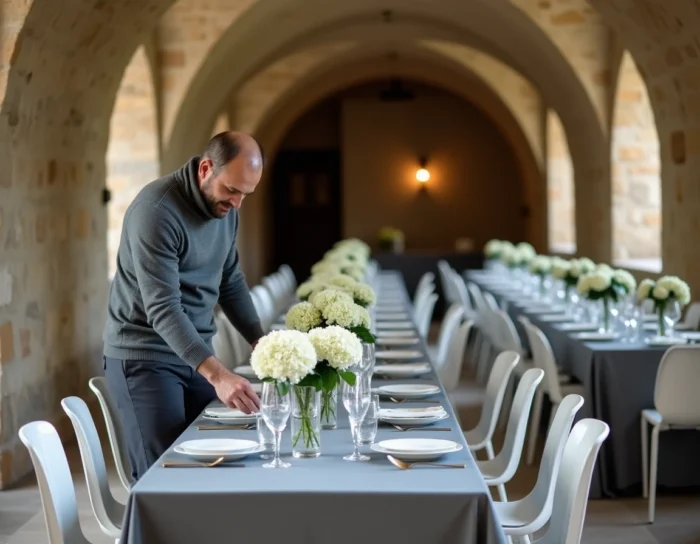 Sala de recepción abovedada en Lyon con mesas de banquete y sillas blancas para un evento profesional