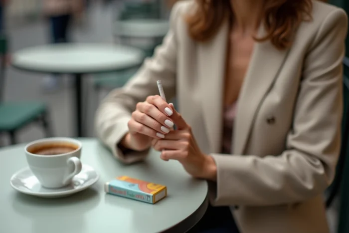 Main féminine tenant une fine cigarette Vogue dans un café parisien avec un paquet coloré en arrière-plan flou