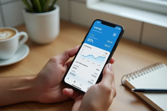 Mains tenant un smartphone affichant une application bancaire avec graphiques de gestion financière