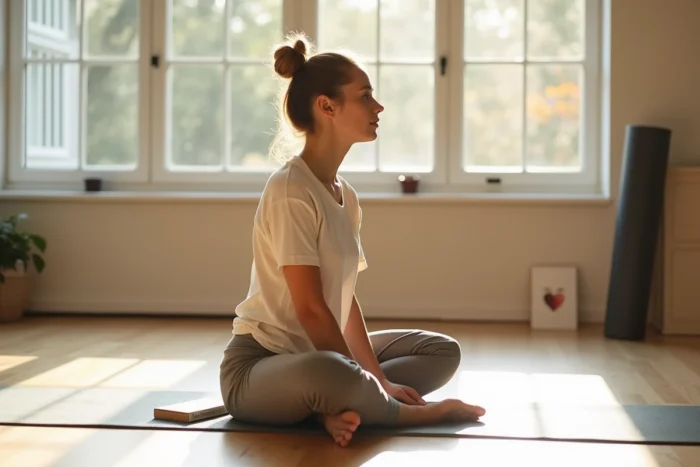 Femme réalisant un exercice de mobilité articulaire de la hanche assise sur le sol d'un studio de yoga le lendemain d'une séance