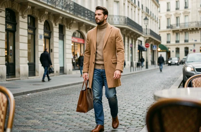 Homme élégant en manteau camel portant les tendances mode automne-hiver dans une rue pavée européenne