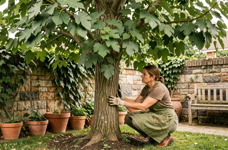 Femme jardinière inspectant un mûrier platane sans fruits dans un jardin de banlieue