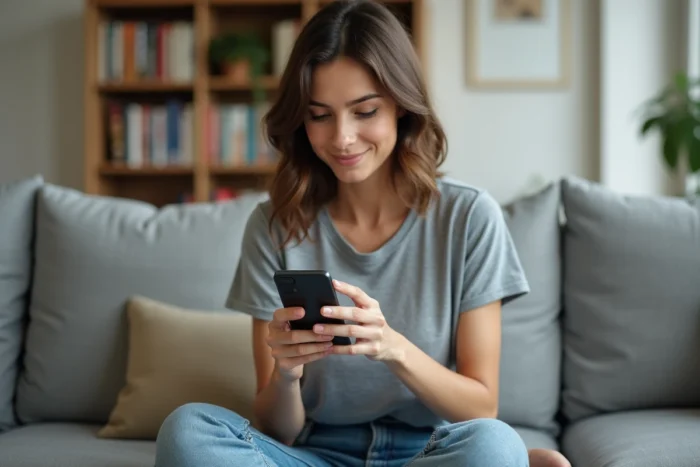 Femme naviguant discrètement sur son téléphone depuis son domicile pour accéder à un site web
