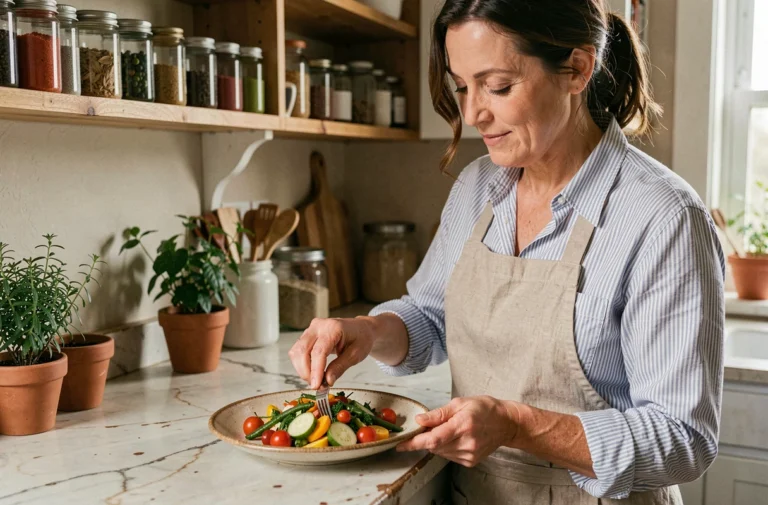 Femme en tablier de lin dressant une assiette de légumes colorés dans une cuisine rustique chaleureuse, illustrant les nouveautés culinaires de Cuisine Gratuite
