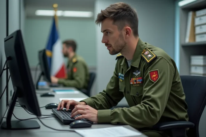 Officier militaire français accédant au portail e-habillement sur un poste informatique institutionnel