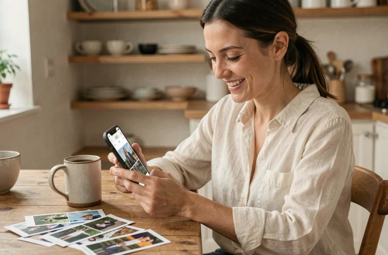 Femme partageant des photos d'événement sur smartphone à table en bois dans une cuisine chaleureuse