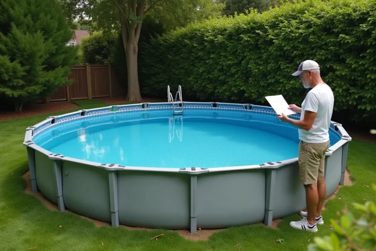 Piscine Intex Metal Frame 58983 installée dans un jardin verdoyant avec un homme consultant la notice de montage