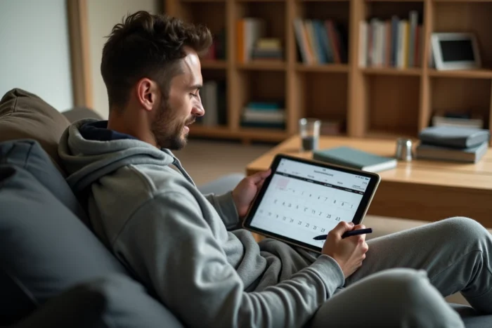 Athlète masculin planifiant ses jours de repos complet sur une tablette avec un calendrier d'entraînement visible depuis son canapé