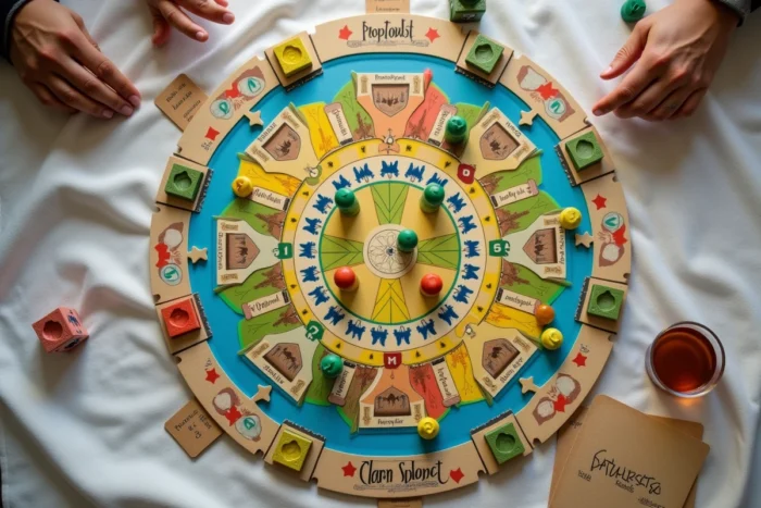Vue aérienne d'un plateau de jeu de société en cours de partie avec pions colorés, cartes et dés sur une nappe en lin
