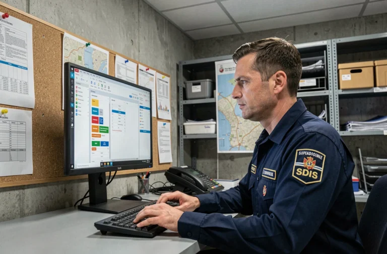 Pompier en uniforme SDIS consultant le logiciel Artemis sur un poste de travail dans un centre opérationnel de caserne