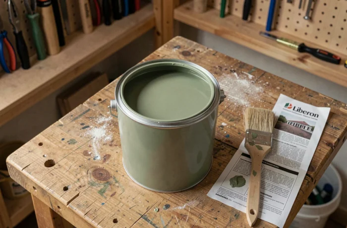 Pot de peinture Liberon finition velours ouvert avec pinceau et accessoires sur un établi en bois