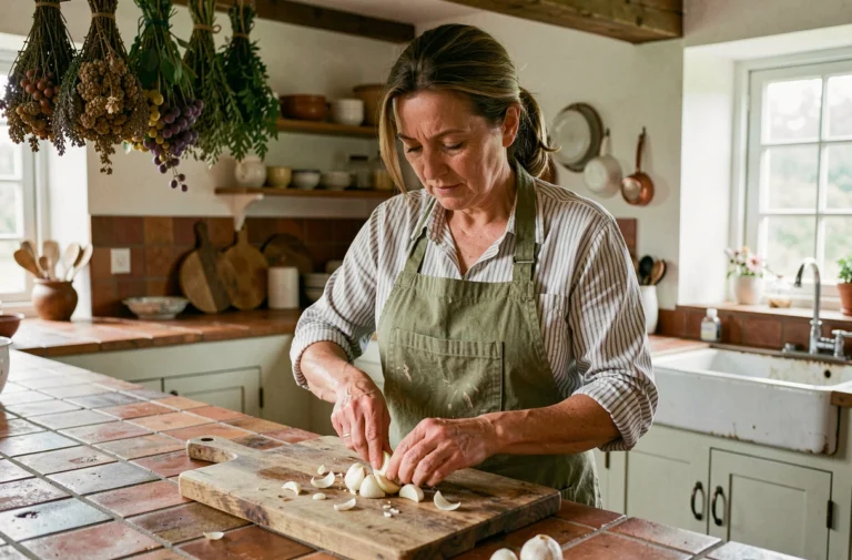 Femme préparant de l'ail frais écrasé sur une planche en bois pour faire du purin d'ail maison dans une cuisine rustique