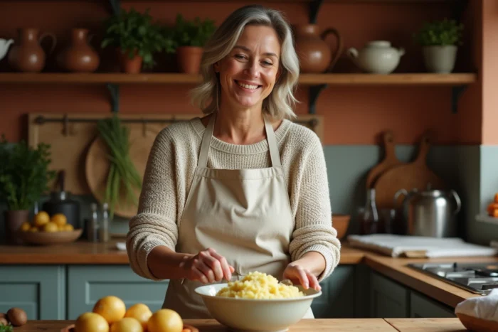 Femme préparant une purée maison crémeuse avec des pommes de terre dorées dans une cuisine rustique