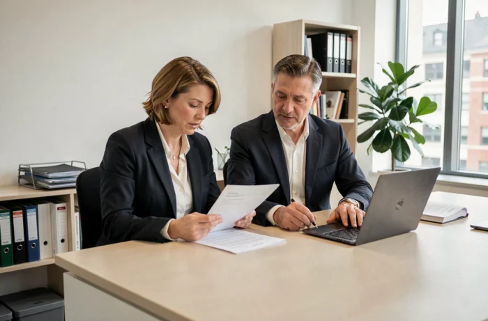 Deux professionnels du secteur funéraire analysant des documents de planification dans un bureau administratif moderne