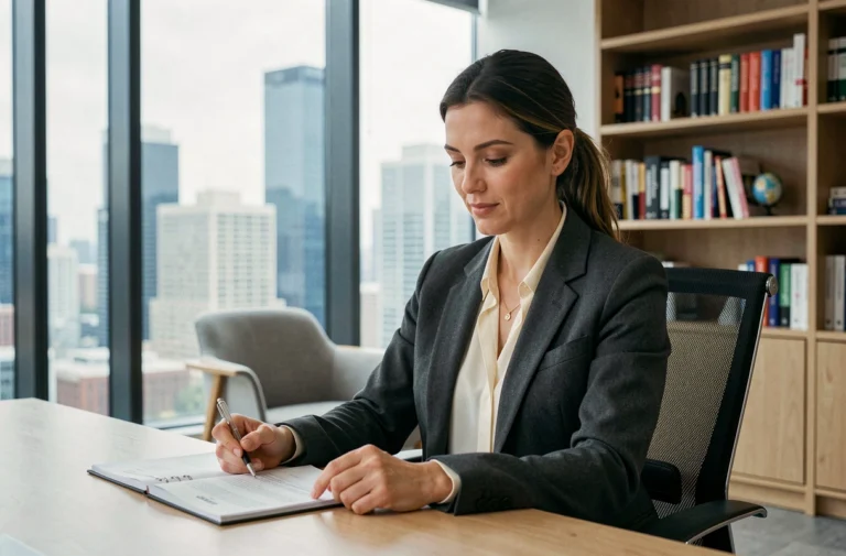 Psychologue professionnelle en cabinet moderne examinant des documents, illustrant les salaires élevés des psychologues dans les pays développés en 2025