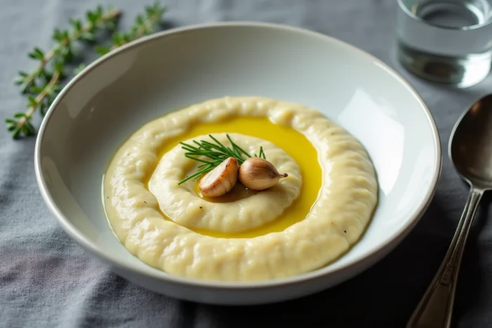 Assiette de purée de légumes onctueuse garnie d'huile d'olive, d'ail rôti et de ciboulette sur une table scandinave épurée