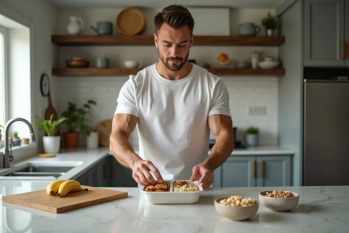 Athlète masculin préparant une assiette équilibrée de glucides et de protéines après l'entraînement dans une cuisine moderne