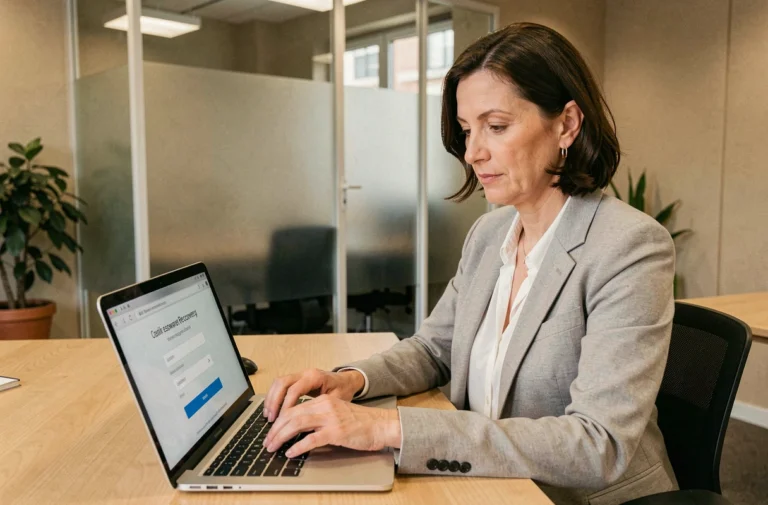 Femme en blazer gris récupérant un mot de passe oublié sur un ordinateur portable dans un bureau professionnel