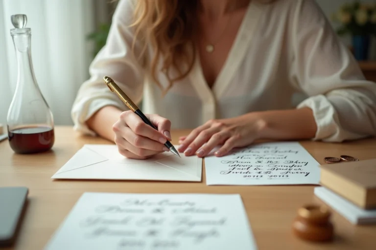 Femme écrivant une adresse calligraphiée sur une enveloppe de faire-part de mariage à son bureau en bois