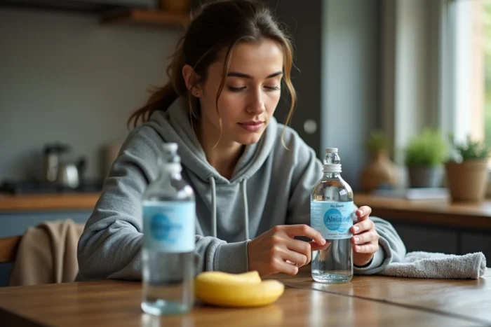 Femme sportive examinant une bouteille d'eau alcaline à une table de cuisine pour se réhydrater après un effort prolongé