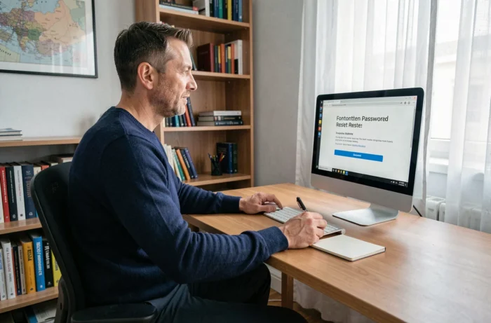 Homme consultant une page de réinitialisation de mot de passe sur un ordinateur de bureau à domicile avec un bloc-notes