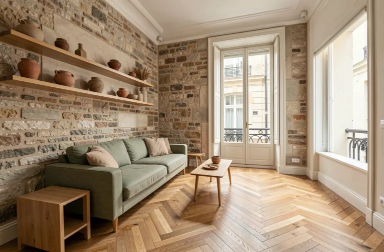 Salon rénové style haussmannien avec murs en pierre apparente restaurée, parquet en point de Hongrie et mobilier moderne en chêne naturel
