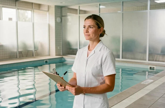 Responsable de spa féminine surveillant un espace jacuzzi dans un centre aquatique professionnel