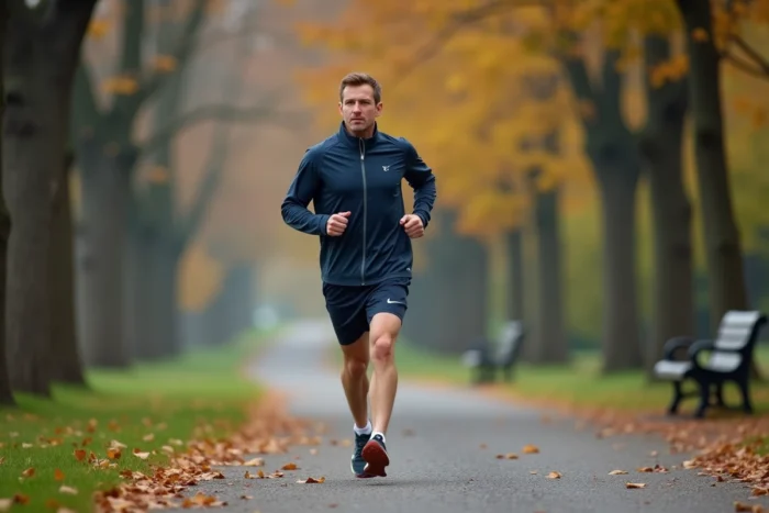 Coureur masculin effectuant un retour au calme actif en marchant lentement sur un chemin de parc après une course