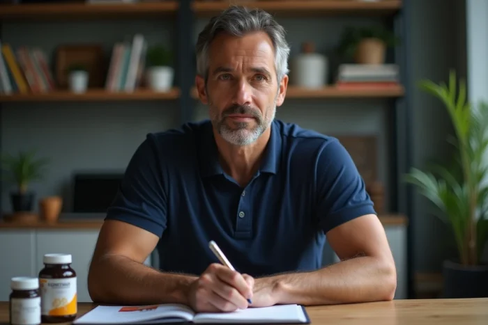 Homme quadragénaire notant son retour d'expérience sur le complément Fincut pour hommes à son bureau à domicile