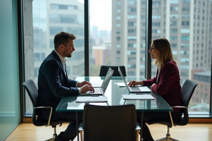Deux collaborateurs de PME en réunion stratégique autour d'une solution B2B innovante pour accélérer la croissance