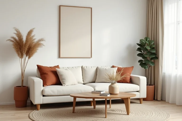 Salon scandinave décoré avec canapé en lin, table basse en chêne et plantes vertes dans un intérieur chaleureux et épuré