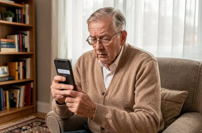Senior tenant un smartphone affichant un SMS frauduleux avec un lien suspect, illustrant les risques d'arnaque en ligne pour les personnes âgées