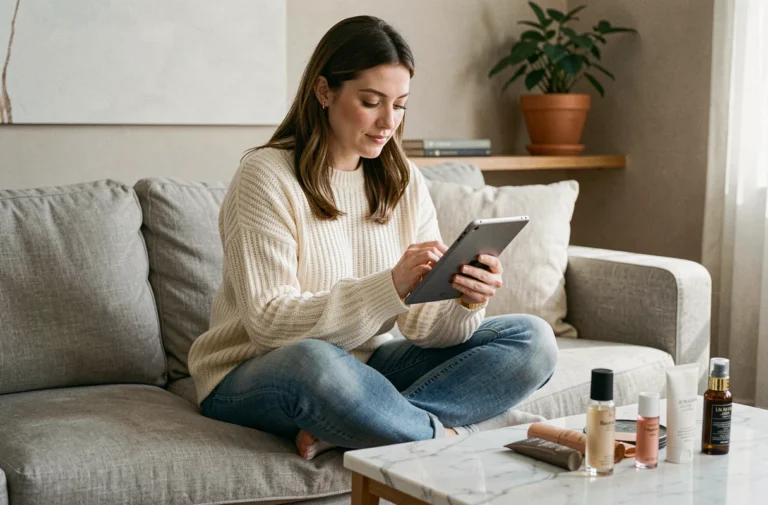 Femme parcourant une application de shopping beauté sur tablette depuis son salon, avec des produits cosmétiques disposés sur une table en marbre
