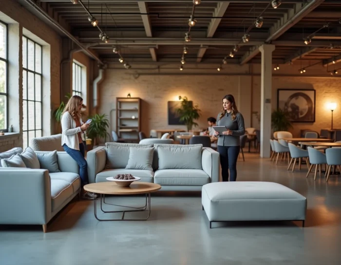 Showroom de alquiler de mobiliario para eventos en Lyon con sofás de terciopelo, mesas de cóctel y taburetes de bar