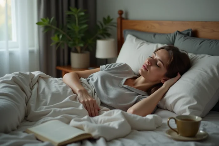 Femme dormant profondément dans une chambre apaisante, illustrant l'importance du sommeil dans la récupération sportive