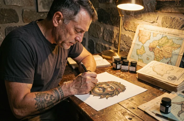 Tatoueur corse dessinant le symbole de la tête de Maure sur papier dans son atelier