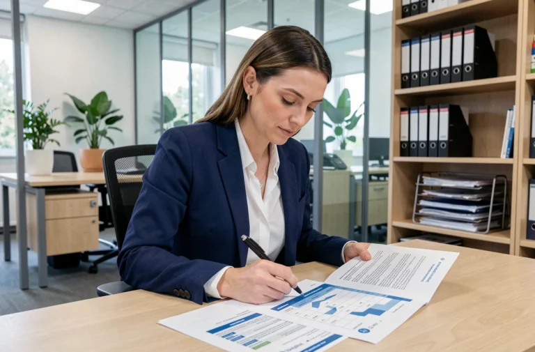 Technicienne territoriale analysant la grille indiciaire pour optimiser sa progression de carrière dans un bureau administratif moderne