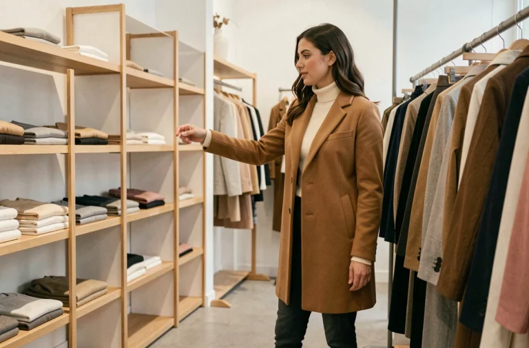 Femme élégante en manteau camel tendance automne-hiver dans une boutique de mode parisienne minimaliste