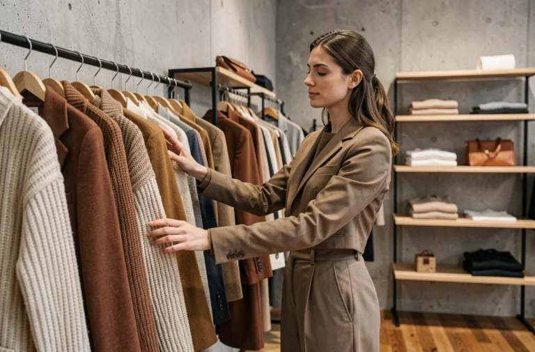 Femme explorant les nouvelles tendances mode dans une boutique minimaliste parisienne avec des vêtements de saison structurés et texturés
