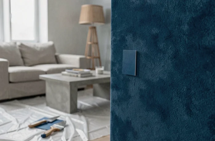 Détail texture peinture Liberon velours bleu pétrole sur mur avec carte de teinte dans salon contemporain