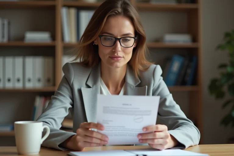 Femme examinant attentivement un courrier administratif officiel pour en vérifier l'authenticité, assise à un bureau à domicile