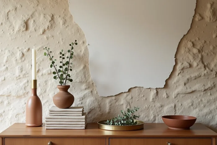 Vignette décorative sur un buffet en bois avec céramiques, laiton et végétaux séchés dans un appartement au style français
