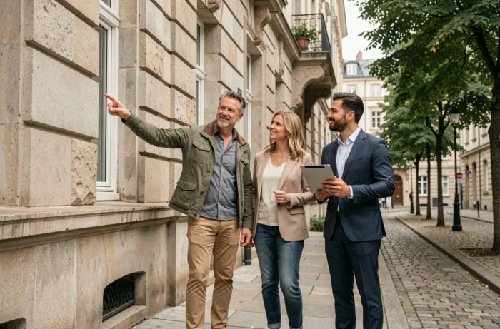 Couple visitant un immeuble résidentiel avec un agent immobilier lors d'une visite de bien