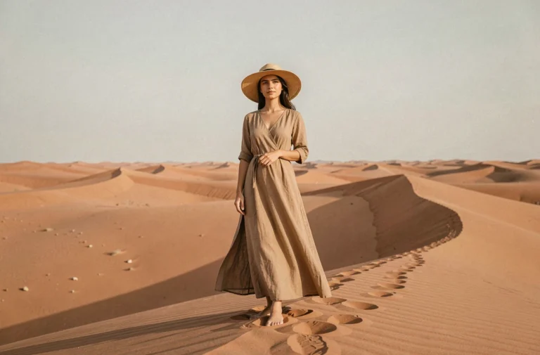 Voyageuse en robe de lin contemplant les dunes de sable rouge du désert du Sahara en Afrique